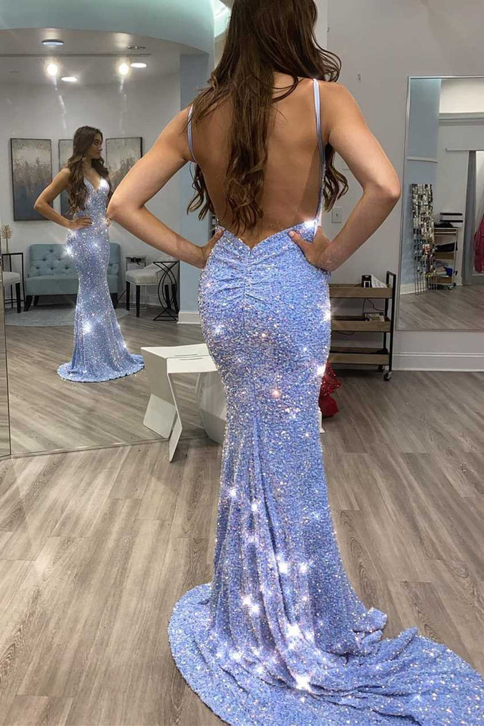 Shiny Blue V-Neck Sequins Mermaid Sleeveless Long Formal Prom Dress