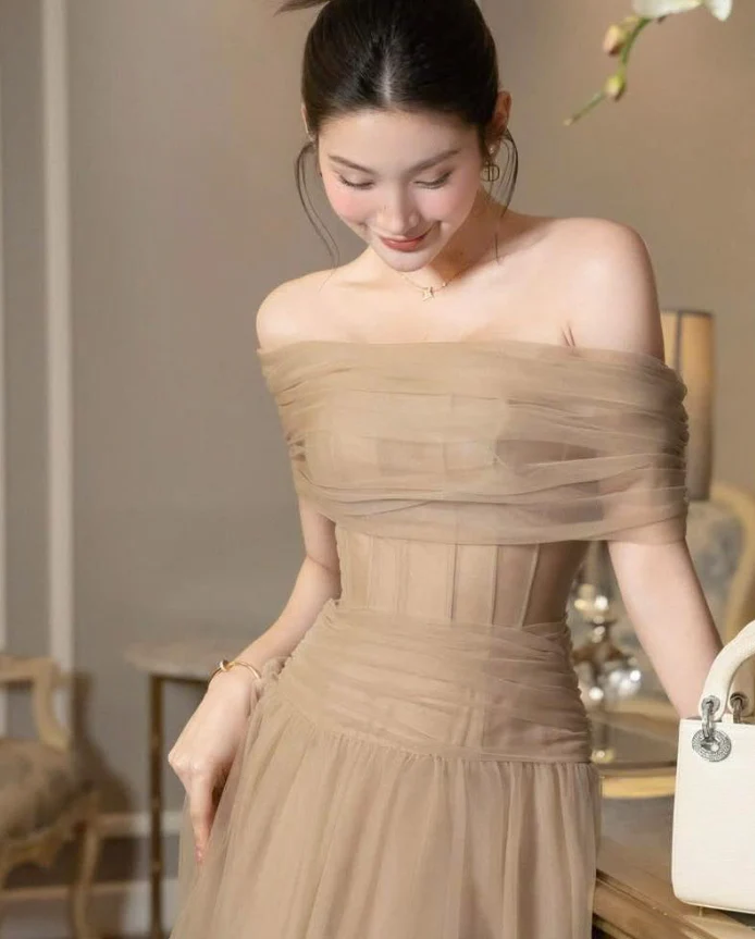 Simple A Line Off the Shoulder Mocha Tulle Long Prom Dress Evening Dres