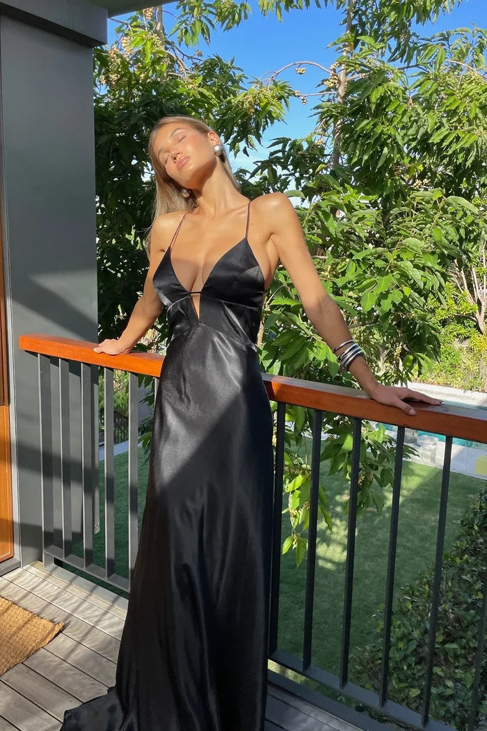 Simple A Line Spaghetti Straps Black Long Prom Dress with Criss Cross Back