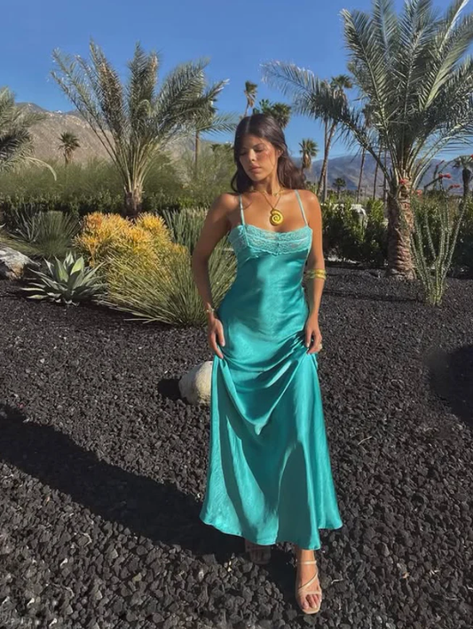 Simple Lake Blue A Line Spaghetti Strap Lace Satin Prom Dress