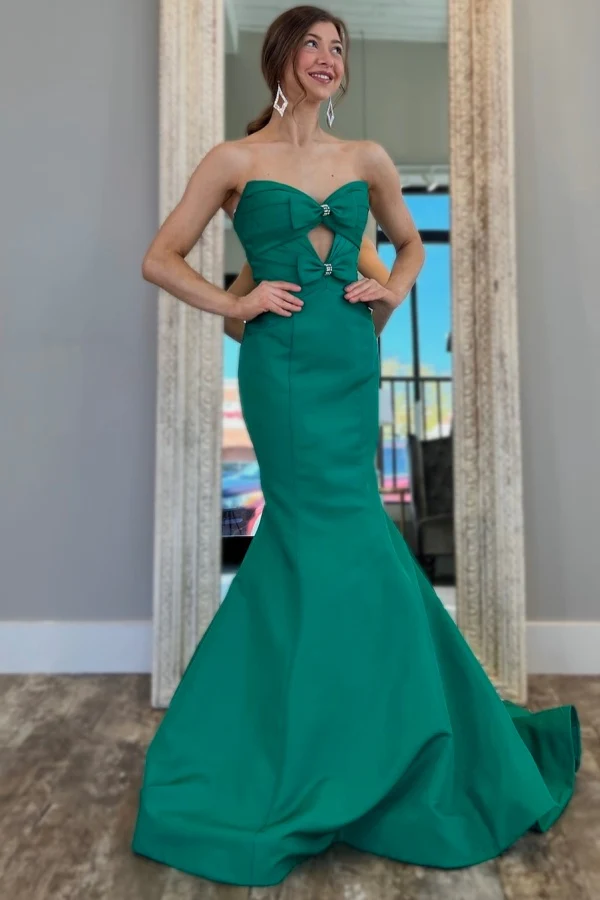 Simple Mermaid Strapless Sleeveless Pleated Bow Knot Prom Party Dress Floor Length Formal Evening Dress