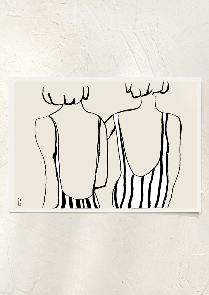 An art print in beige, black and white of an illustration of two seated girls in swimsuits, viewed from behind.