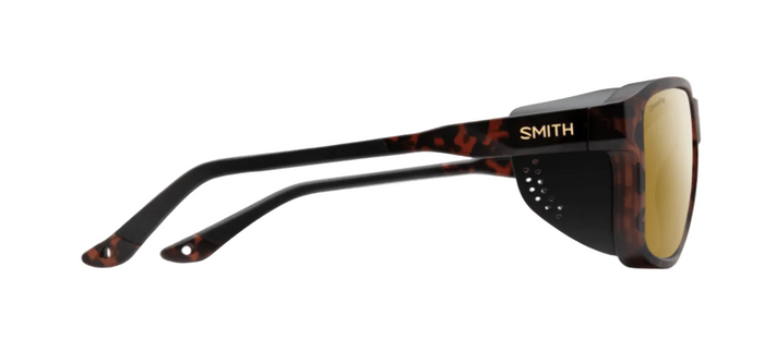Side view of Smith Embark sunglasses showing gold logo and ventilation details