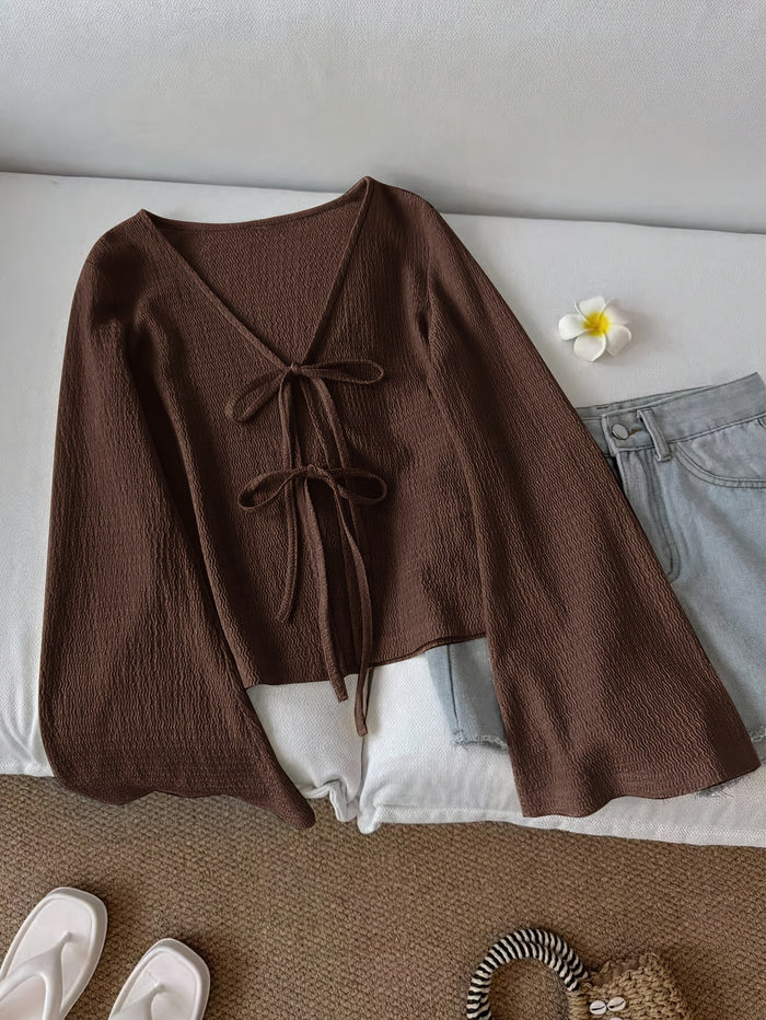 Solid Color Open-Front Front-Tie Bow Flared Sleeve Blouse