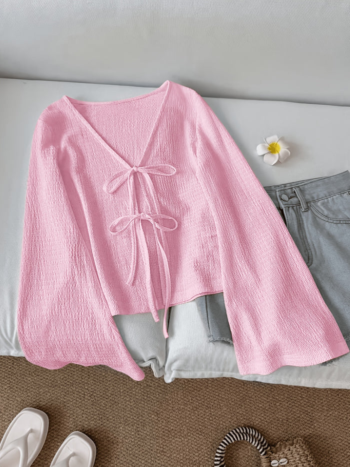 Solid Color Open-Front Front-Tie Bow Flared Sleeve Blouse