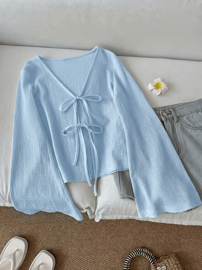 Solid Color Open-Front Front-Tie Bow Flared Sleeve Blouse