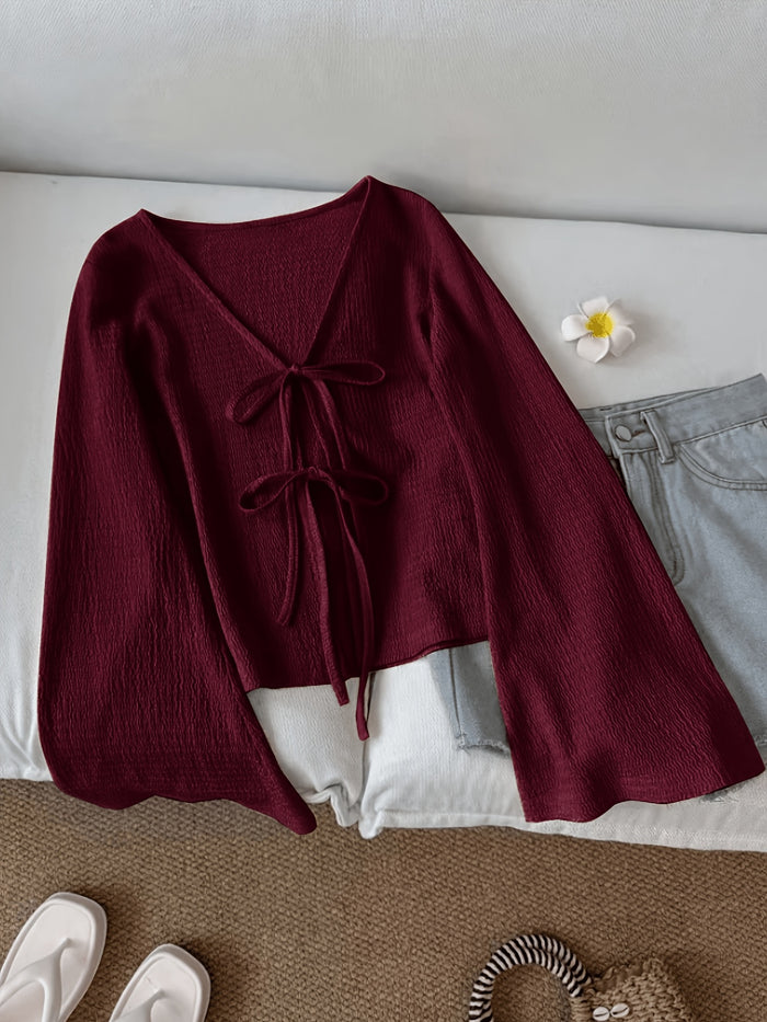 Solid Color Open-Front Front-Tie Bow Flared Sleeve Blouse