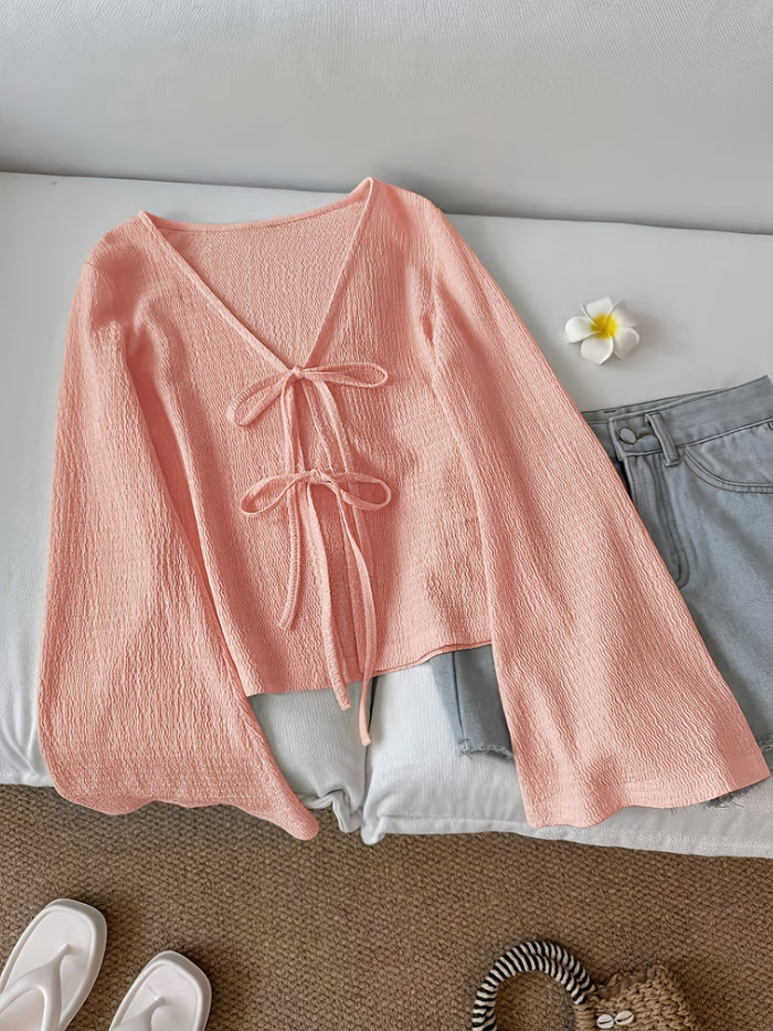 Solid Color Open-Front Front-Tie Bow Flared Sleeve Blouse