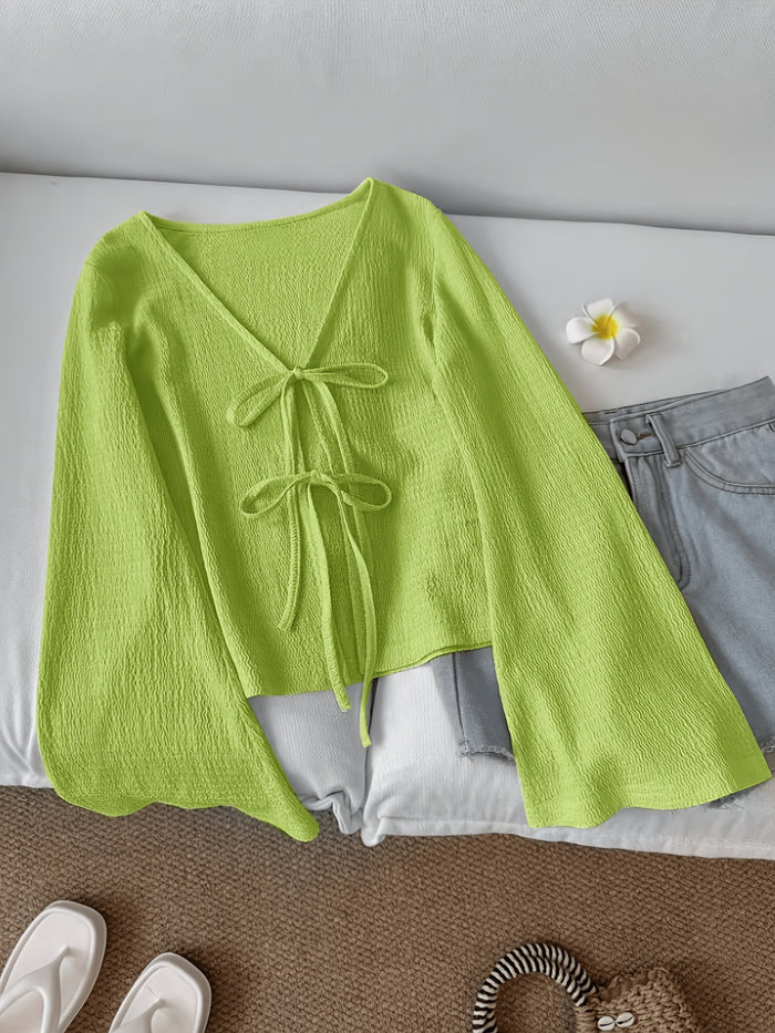 Solid Color Open-Front Front-Tie Bow Flared Sleeve Blouse