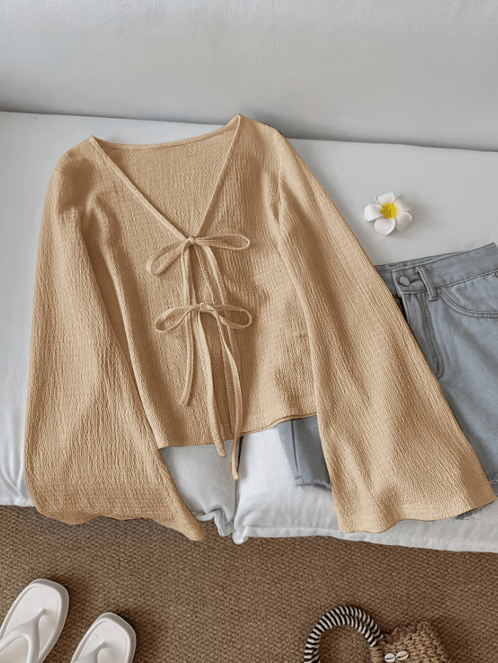Solid Color Open-Front Front-Tie Bow Flared Sleeve Blouse