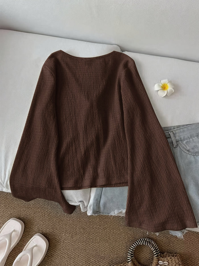 Solid Color Open-Front Front-Tie Bow Flared Sleeve Blouse