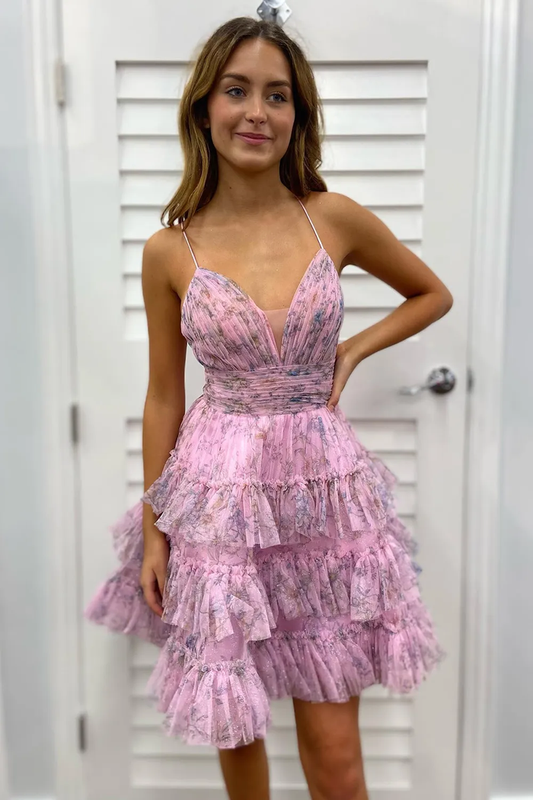 Spaghetti Straps Floral Print Short Tiered A-Line Homecoming Dresses