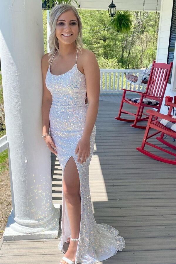 Spaghetti Straps Mermaid White Scoop Neck Sequins Long Prom Dress with Slit