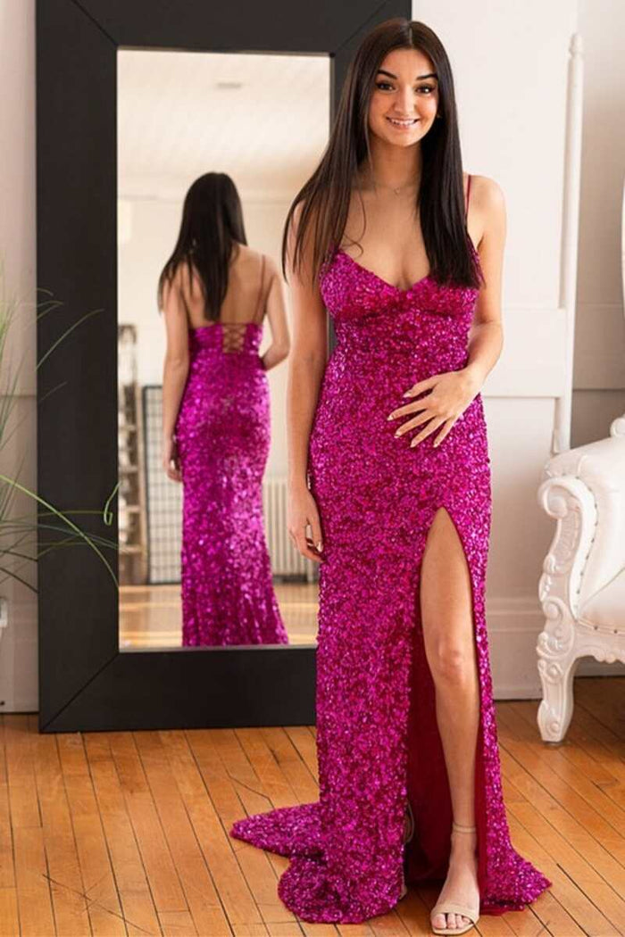 Spaghetti Straps V-Neck Sequined Mermaid Prom Formal Dress