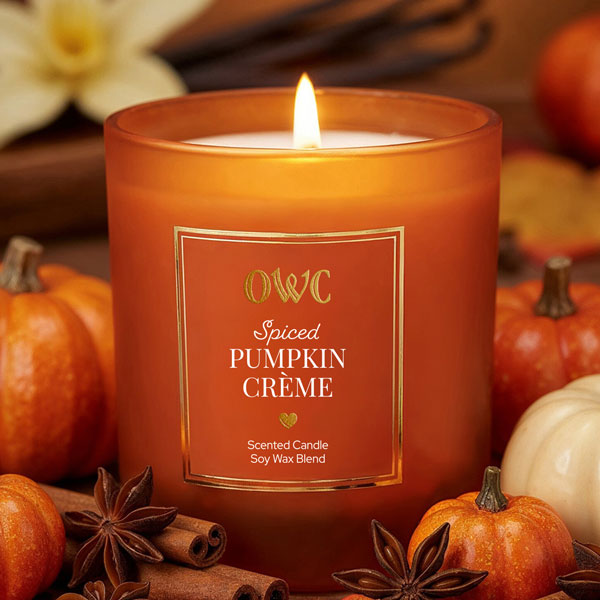Spiced Pumpkin Creme scented candle in orange glass jar with pumpkins and cinnamon