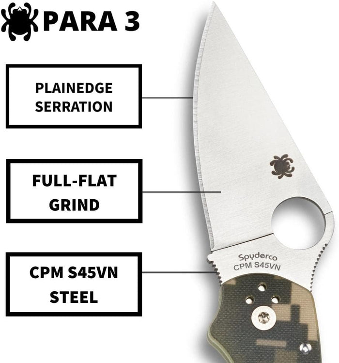 Spyderco Para 3 camo — blade detail — Empire Outfitters