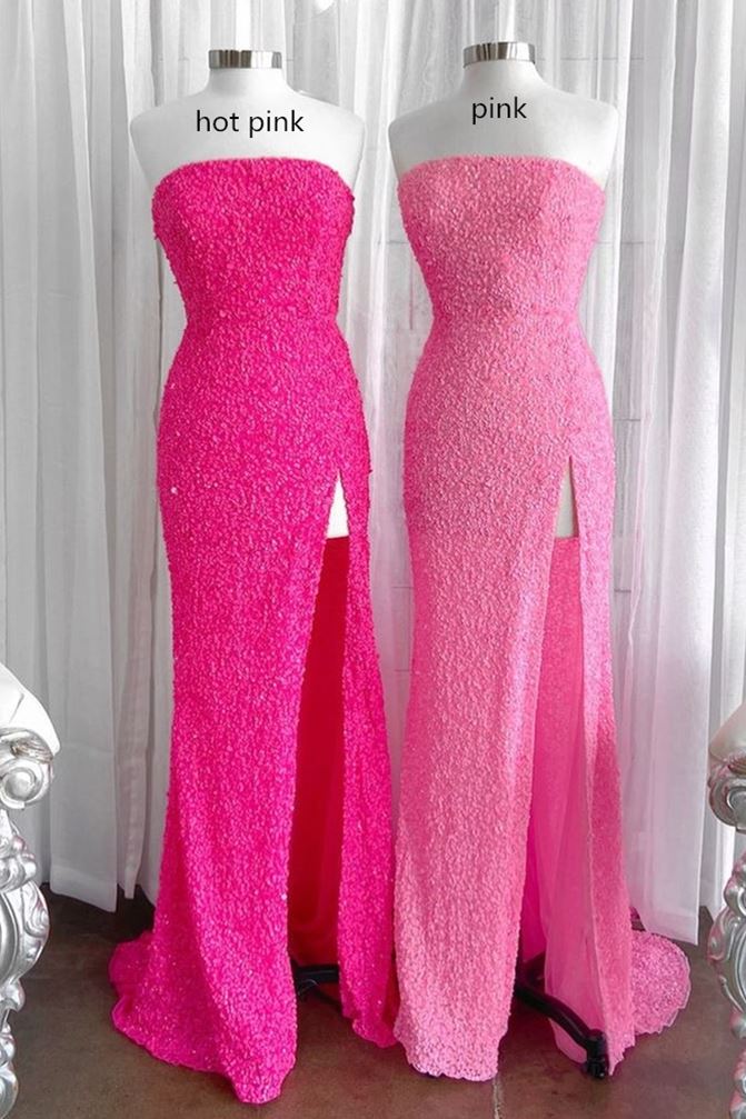 Strapless Sequins Mermaid High Slit Sleeveless Long Formal Dress