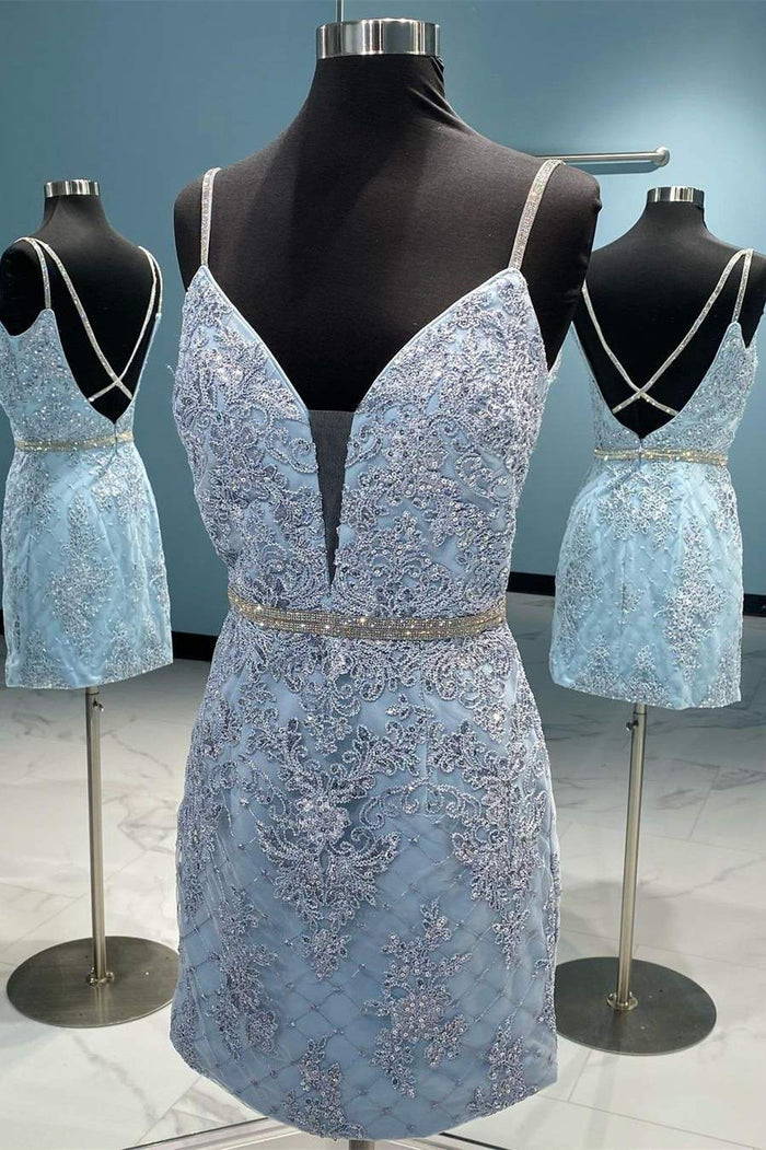Straps Light Blue Embroidered Bodycon Party Dress