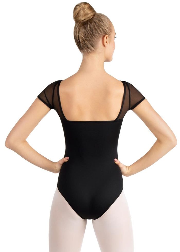 Capezio SE1039W mesh short sleeve leotard in black with sweetheart illusion mesh neckline