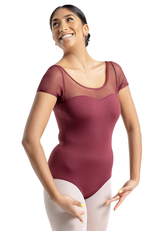 Capezio SE1039W mesh short sleeve leotard in burgundy red with sweetheart illusion mesh neckline