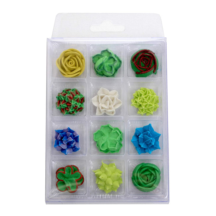 Succulent Royal Icing Toppers great for decorating cakes, cupcakes, chocolates, candy, cookies, and more.  Edible topper for cake decorating.