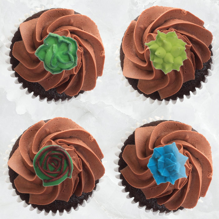 Succulent Royal Icing Toppers great for decorating cakes, cupcakes, chocolates, candy, cookies, and more.  Edible topper for cake decorating.