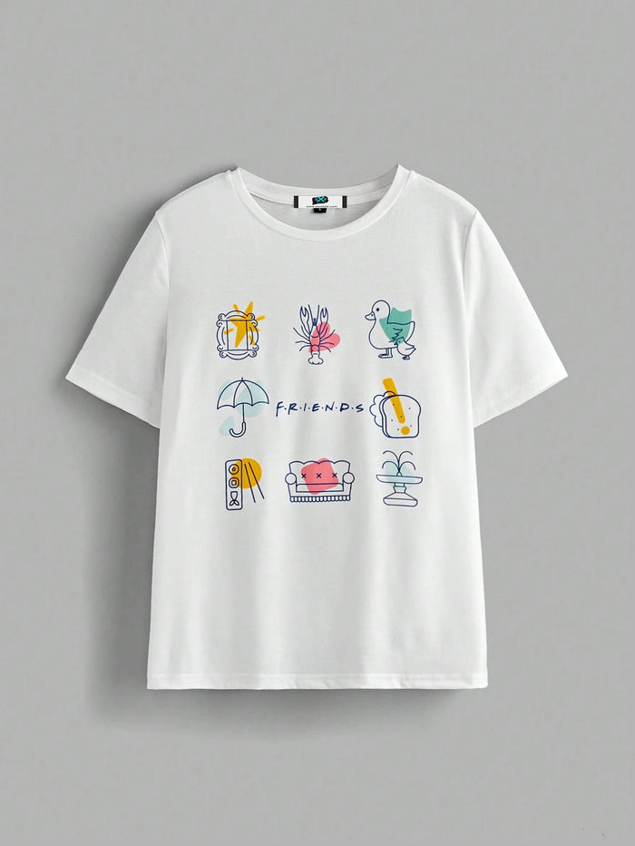 SXV FRIENDS Women's Casual Loose Crew Neck Short Sleeve T-Shirt, Summer,Graphic Tee