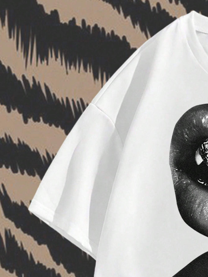 SXV Street Style Tee Short Sleeve Top With Black And White Mouth Pattern, Suitable For Summer