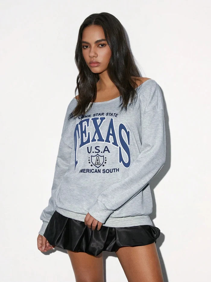 SXV Women's Off Shoulder Letter Print Casual Versatile Comfortable Long Sleeve Sweatshirt, Grey, Autumn