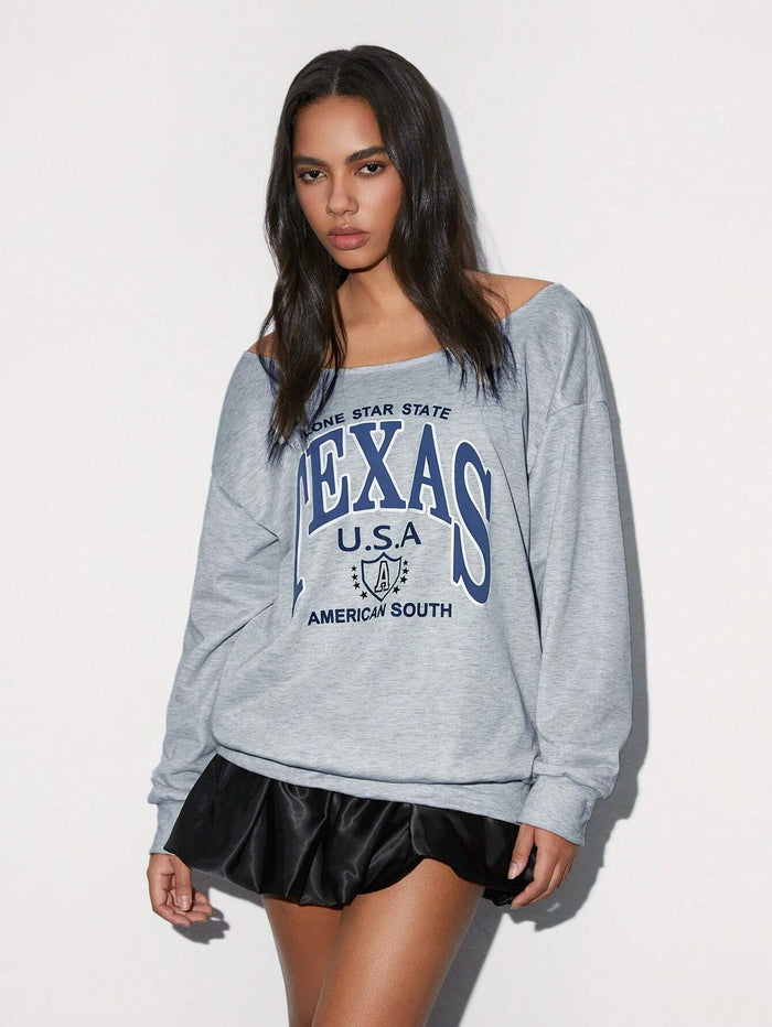 SXV Women's Off Shoulder Letter Print Casual Versatile Comfortable Long Sleeve Sweatshirt, Grey, Autumn