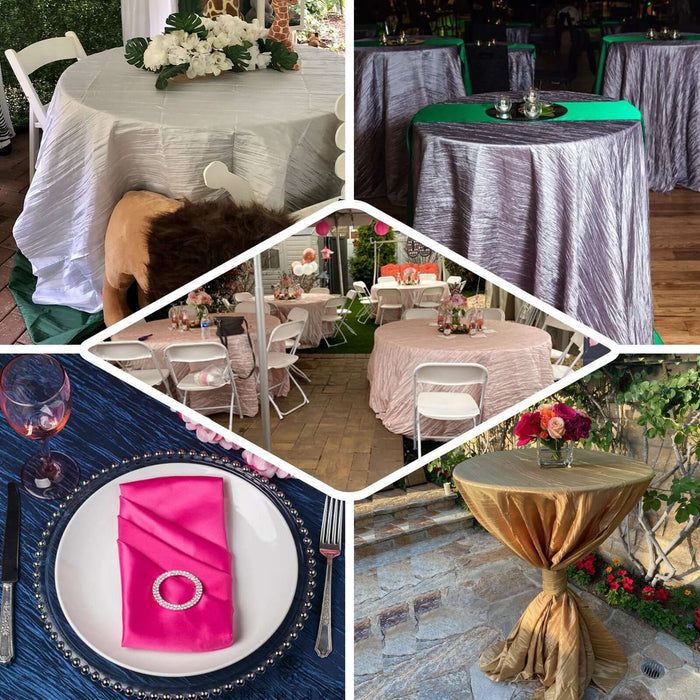 Elegant table settings with various linens and centerpieces for events.