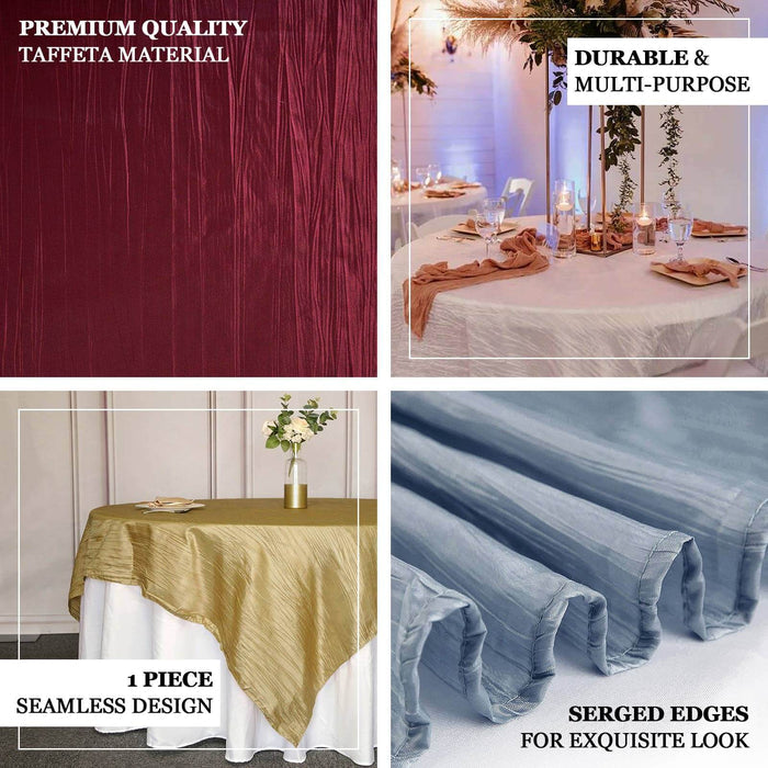 Premium quality taffeta tablecloths in burgundy, gold, and blue for elegant occasions.