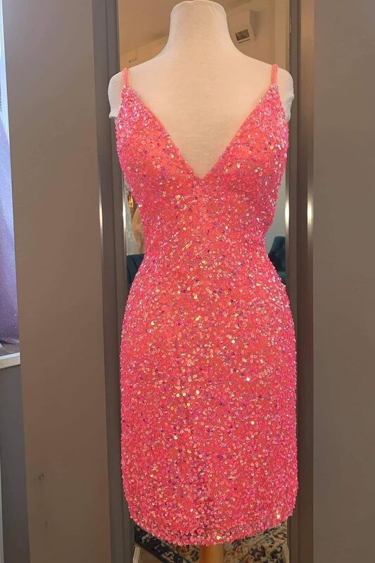 Tight Hot Pink Sequins Short Party Dress