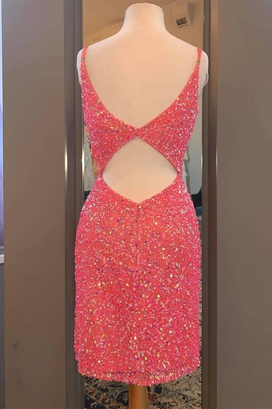 Tight Hot Pink Sequins Short Party Dress