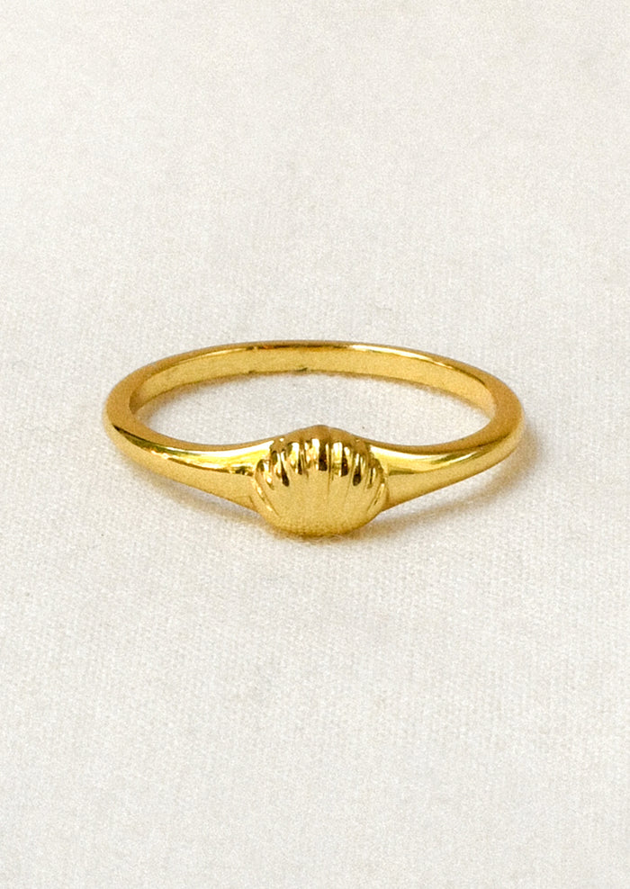 A gold ring with a tiny gold seashell on the front.