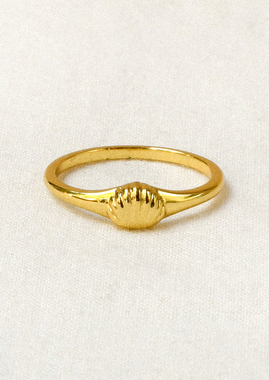 A gold ring with a tiny gold seashell on the front.