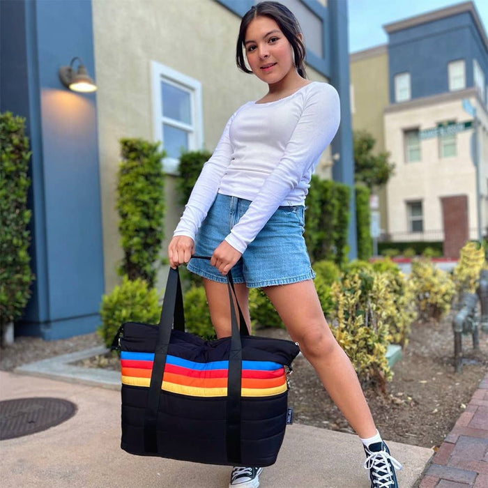 Top Trenz Inc Puffer Tote - Black Retro Stripe