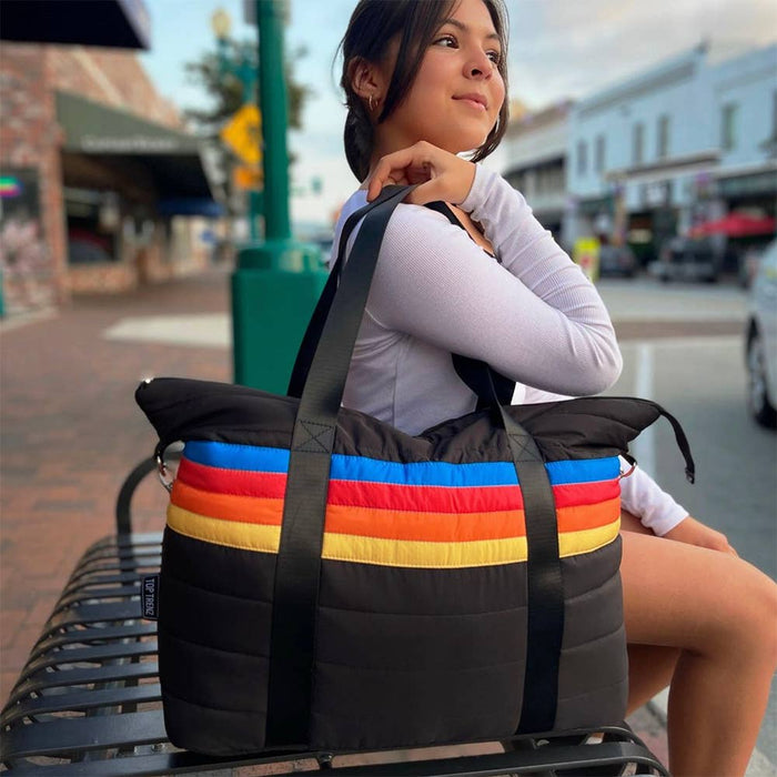 Top Trenz Inc Puffer Tote - Black Retro Stripe