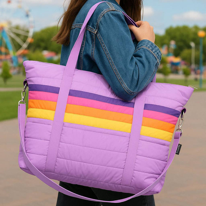 Top Trenz Inc Puffer Tote - Purple Retro Stripe
