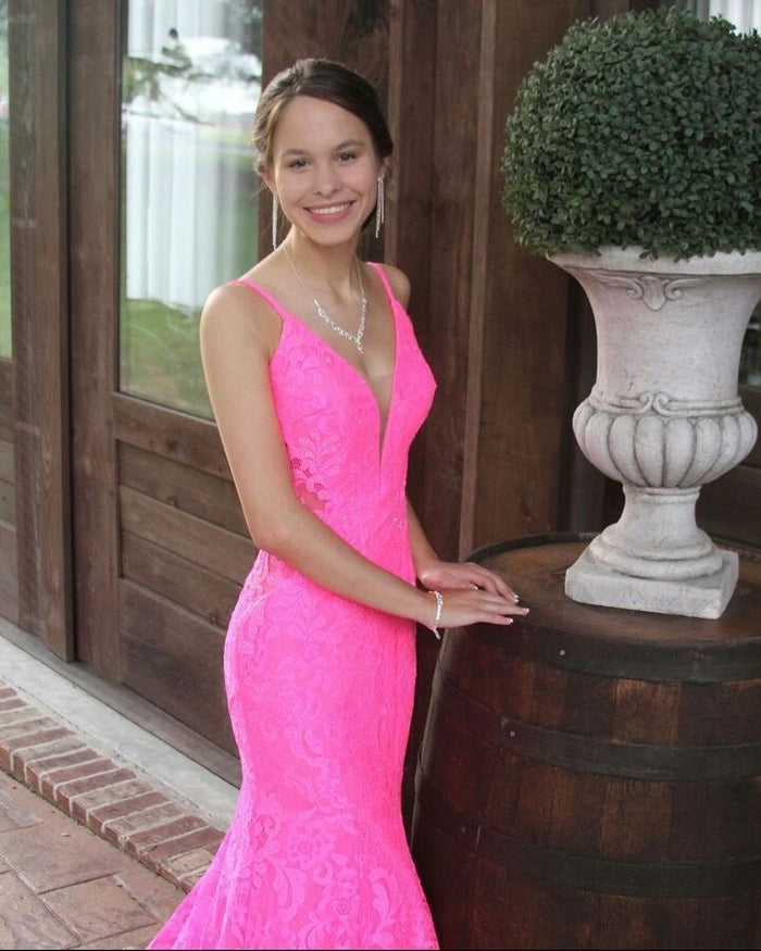 Trumpet Hot Pink V-Neck Lace Backless Sleeveless Long Prom Dress