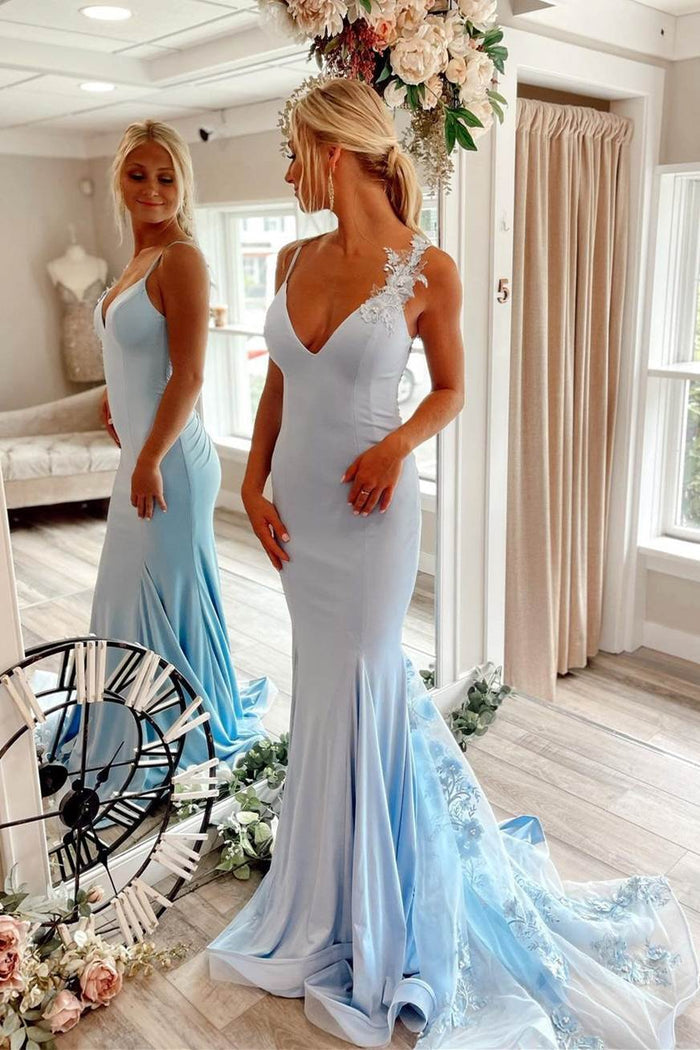 Trumpet Light Blue V-Neck Appliques Sleeveless Long Formal Prom Dress