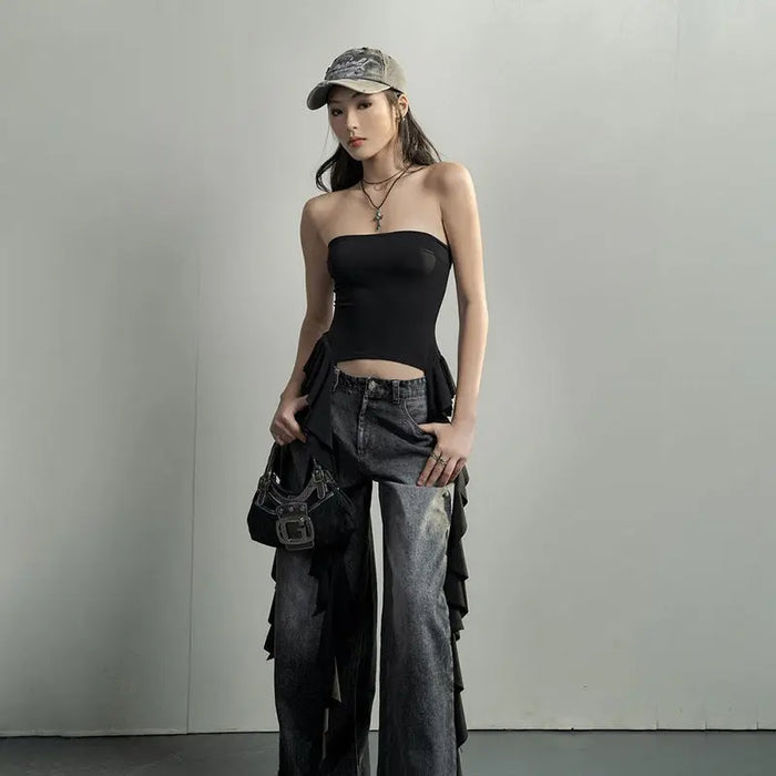 Tube Asymmetrical Fringed Ruffle Top fashionnsio