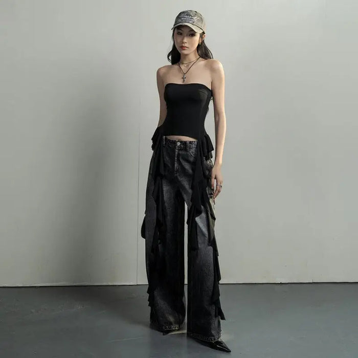 Tube Asymmetrical Fringed Ruffle Top fashionnsio