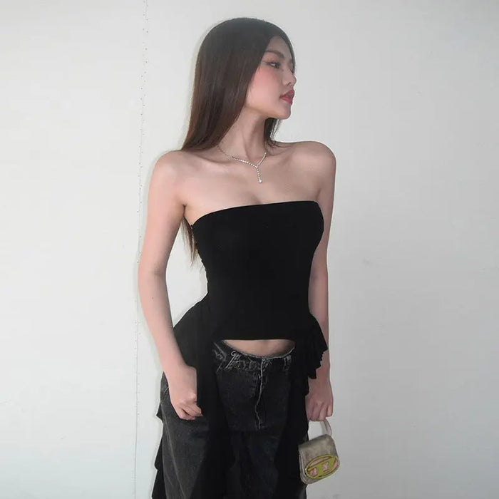 Tube Asymmetrical Fringed Ruffle Top fashionnsio