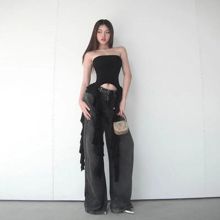 Tube Asymmetrical Fringed Ruffle Top fashionnsio