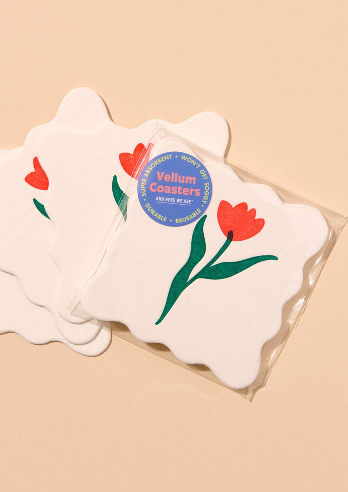 Pack of coasters with floral design and Vellum Coasters branding on a beige background