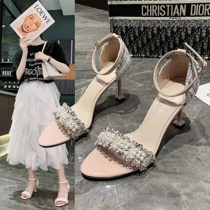 Tweed Pearl Stiletto Pencil Heels fashionnsio