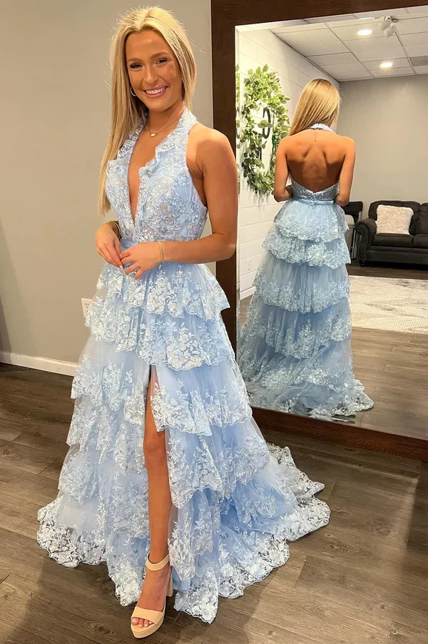 V Necck Halter Blue Sequins Lace Appliques Tiered Prom Dress with High Side Slit and Train