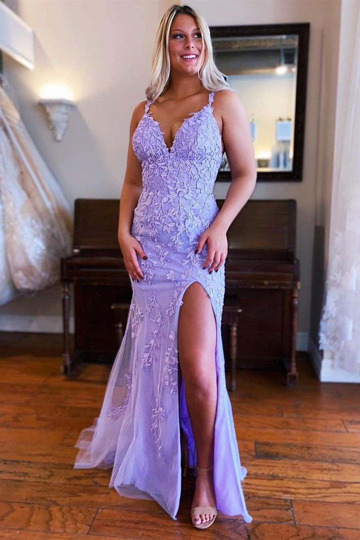 V-Neck Mermaid Sleeveless Lace Appliques Prom Dress with High Slit