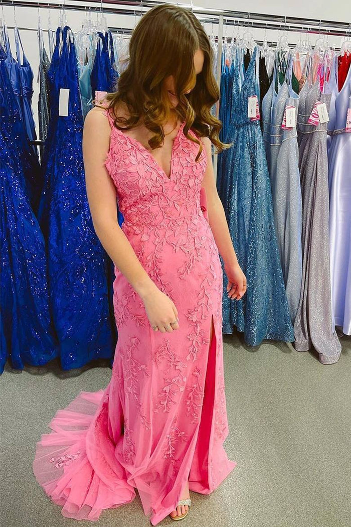 V-Neck Mermaid Sleeveless Lace Appliques Prom Dress with High Slit